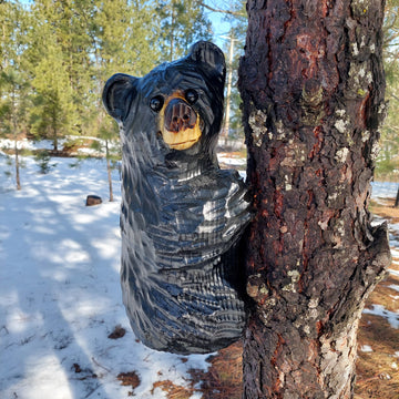 Wood Carved Climbing Bear for Posts, Poles, Trees, and More - 15 Inches, Easy to Mount and Display - Black