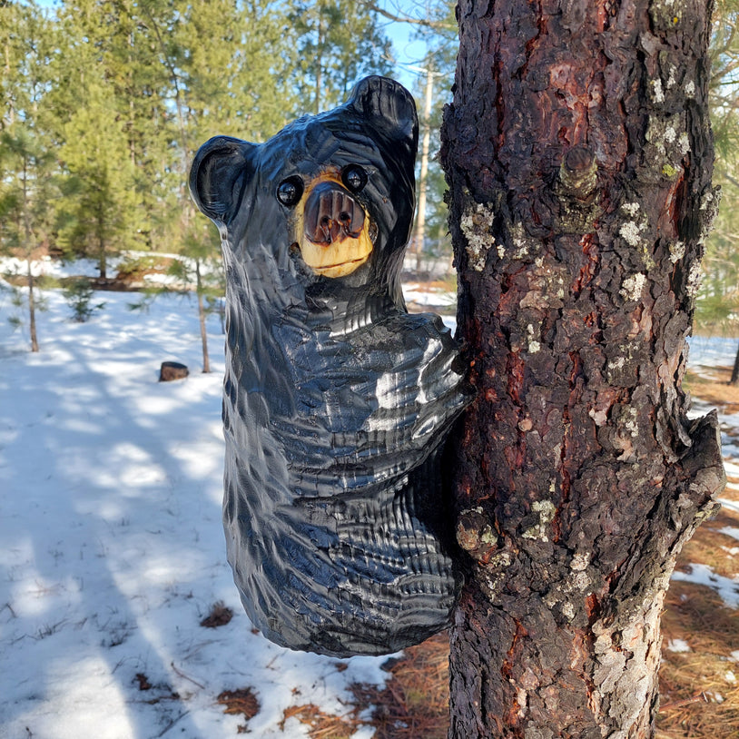 Wood Carved Climbing Bear for Posts, Poles, Trees, and More - 15 Inches, Easy to Mount and Display - Black