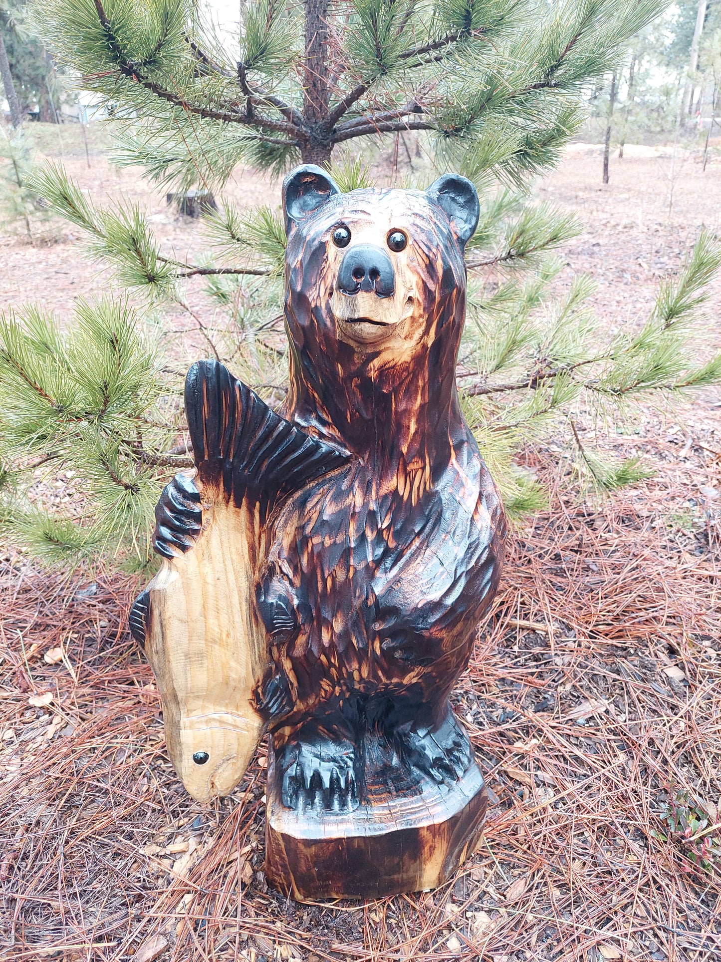 Wood Carved Bear with Fish - 24"