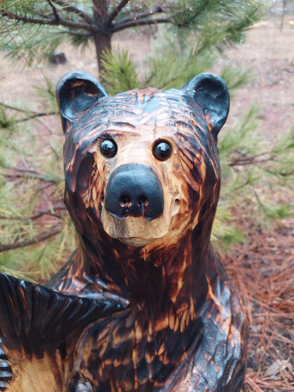 Wood Carved Bear with Fish - 24"