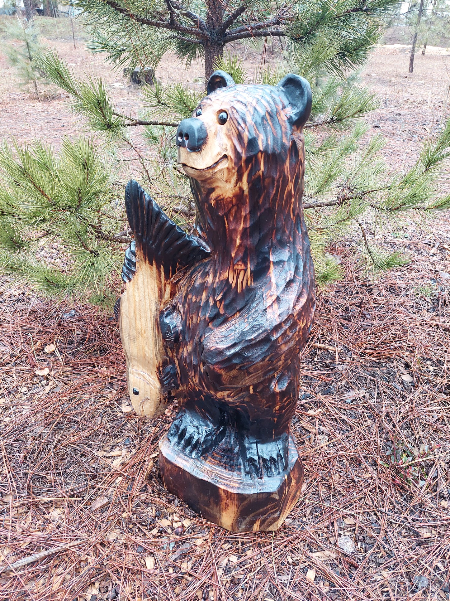 Wood Carved Bear with Fish - 24" - Brown