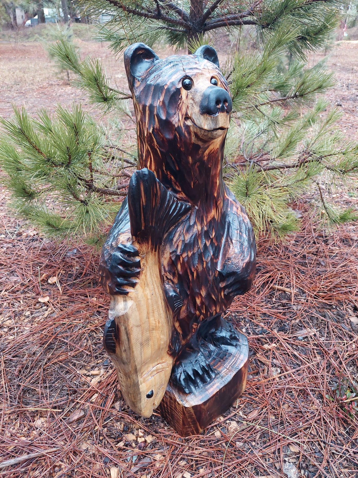 Wood Carved Bear with Fish - 24" - Brown