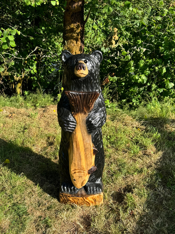 Wood Carved 48" Bear with Fish - Black