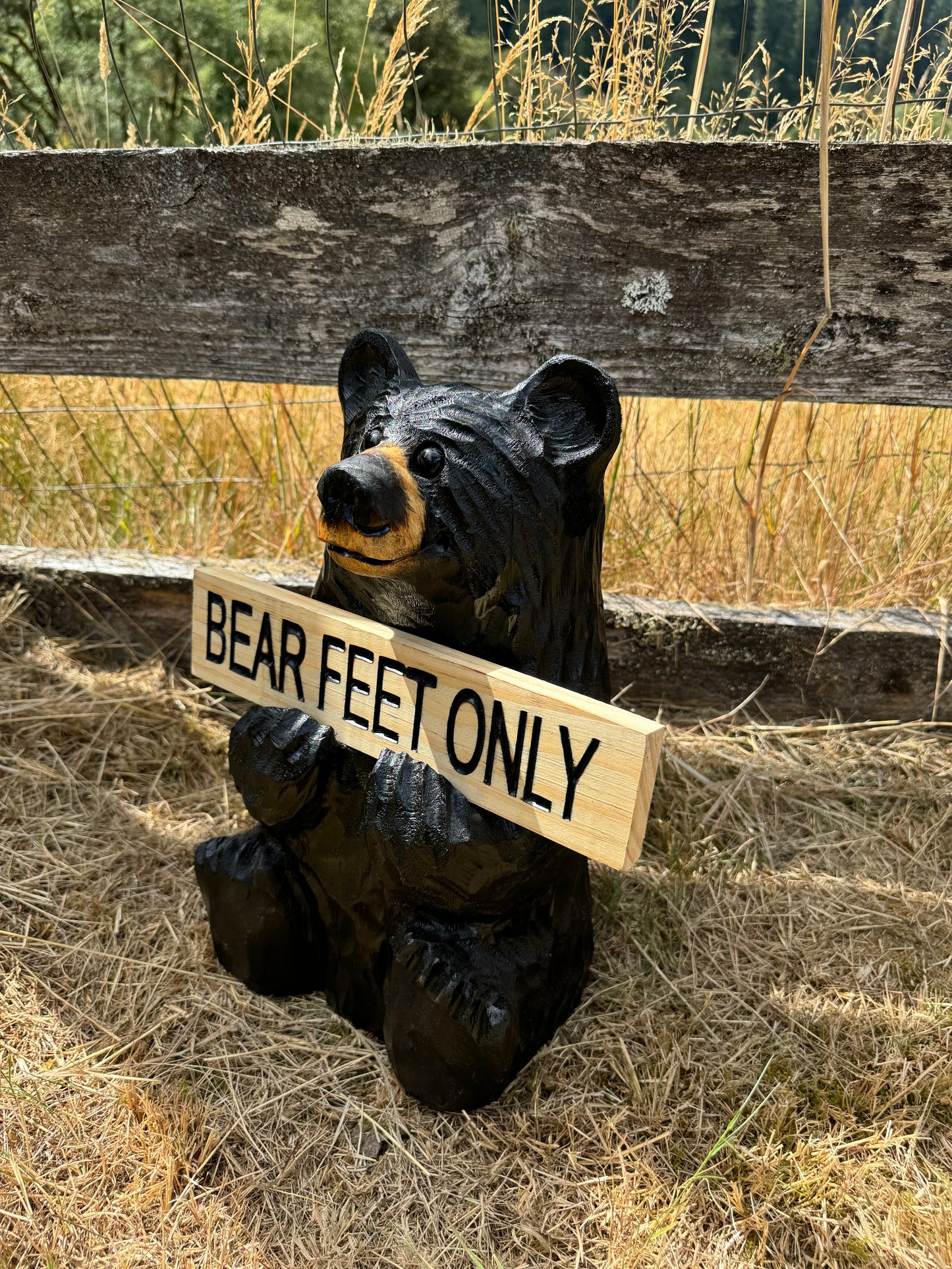 Wood Carved Bear Holding Sign 15" - Customizable - Black