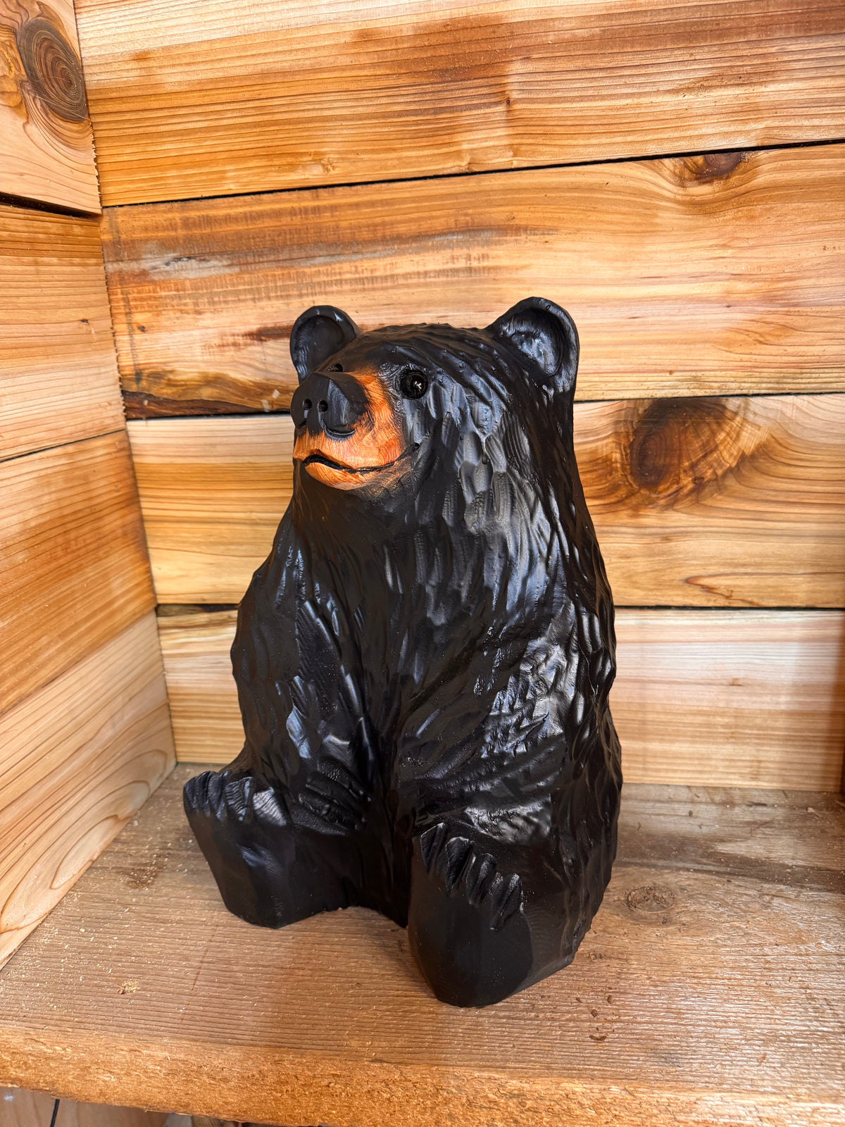 Chainsaw Carved Sitting Black Bear – 15”