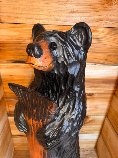 Wood Carved Bear with Fish 30" - Black