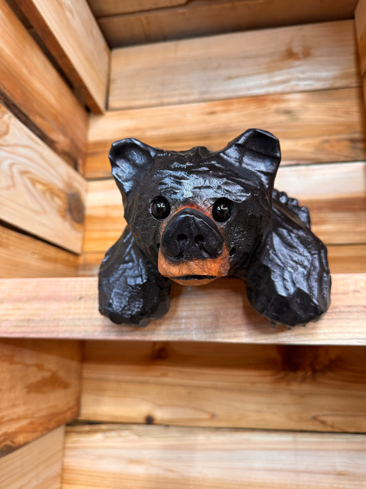 Chainsaw Carved Black Hanging Ledge Bear – 15" Giant Sequoia Redwood