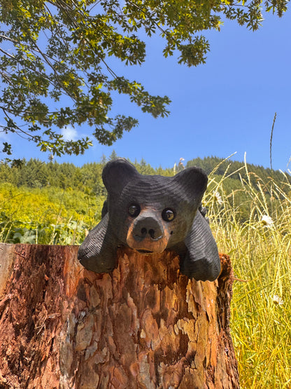 Chainsaw Carved Black Mantle Bear with Hanging Paws – 10”