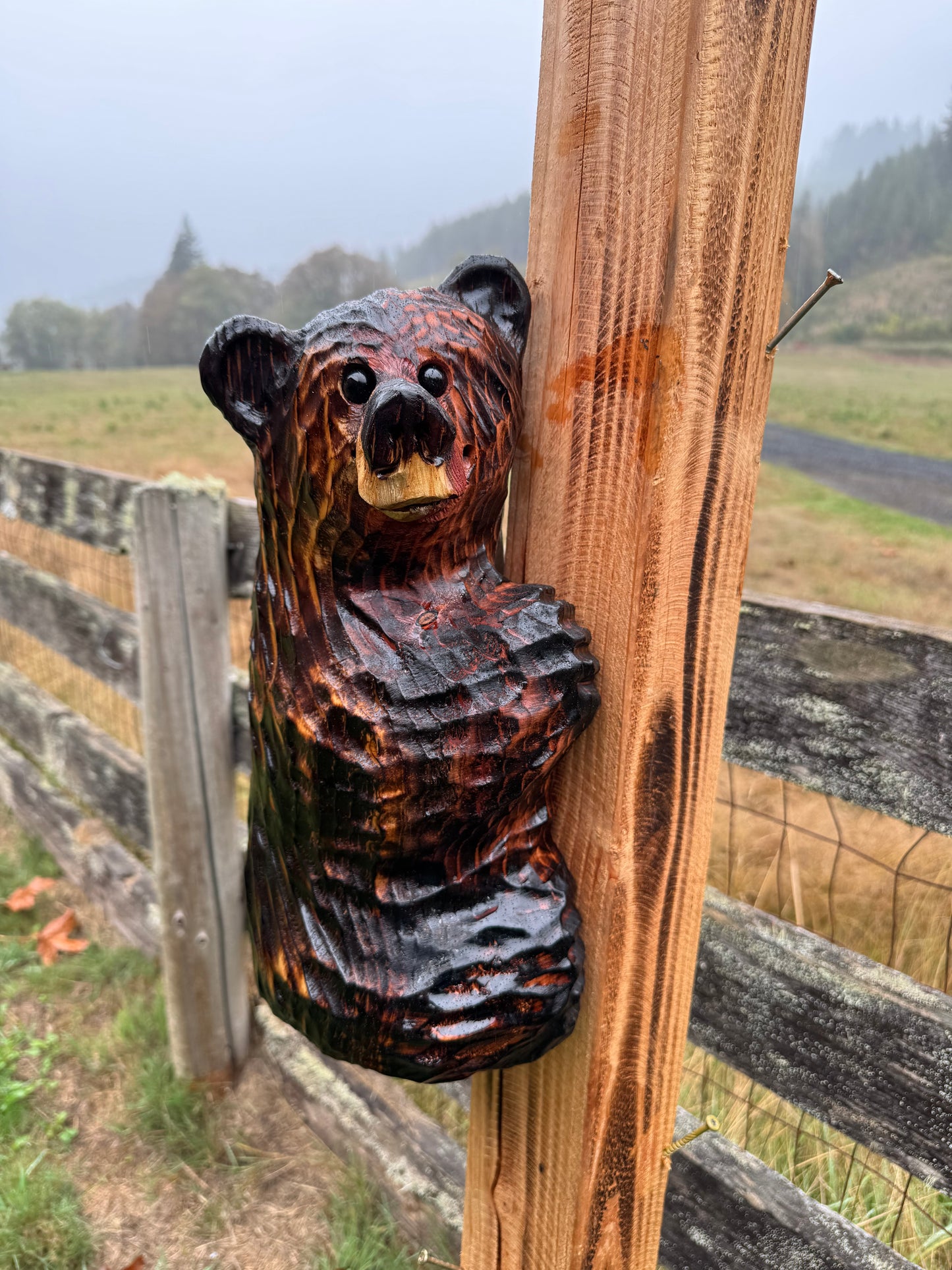 Wood Carved Climbing Bear for Posts, Poles, Trees, and More - 15 Inches, Easy to Mount and Display - Brown