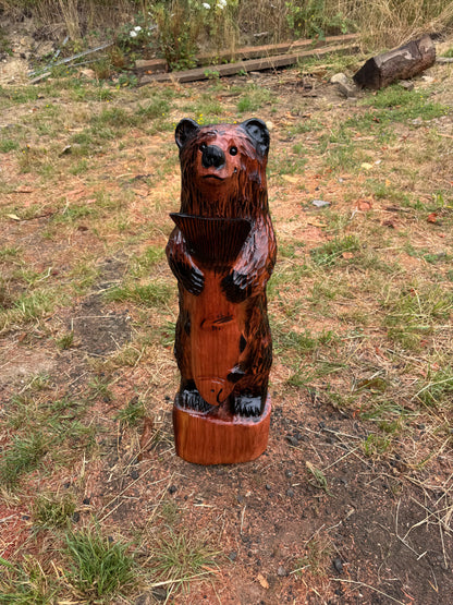 Chainsaw Carved Brown Bear Holding a Fish - Redwood - 32 inches