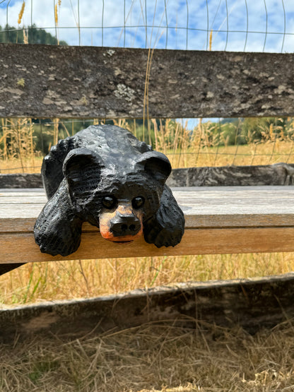 Hand-Carved Wood Bear Laying on Ledge - 10 Inches, Perfect for Mantels and Shelves - Black