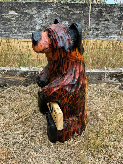 Wood Carved Bear Holding Welcome/Go Away Sign - Customizable, 15 Inches Tall - Brown