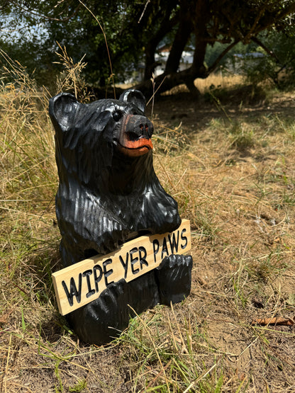 Wood Carved Bear Holding Reversible Welcome Sign - Customizable, 15 Inches Tall - Black