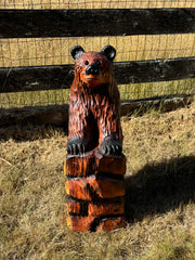 32-Inch Bear Carving on Rock Base – Hand-Carved Wood Sculpture