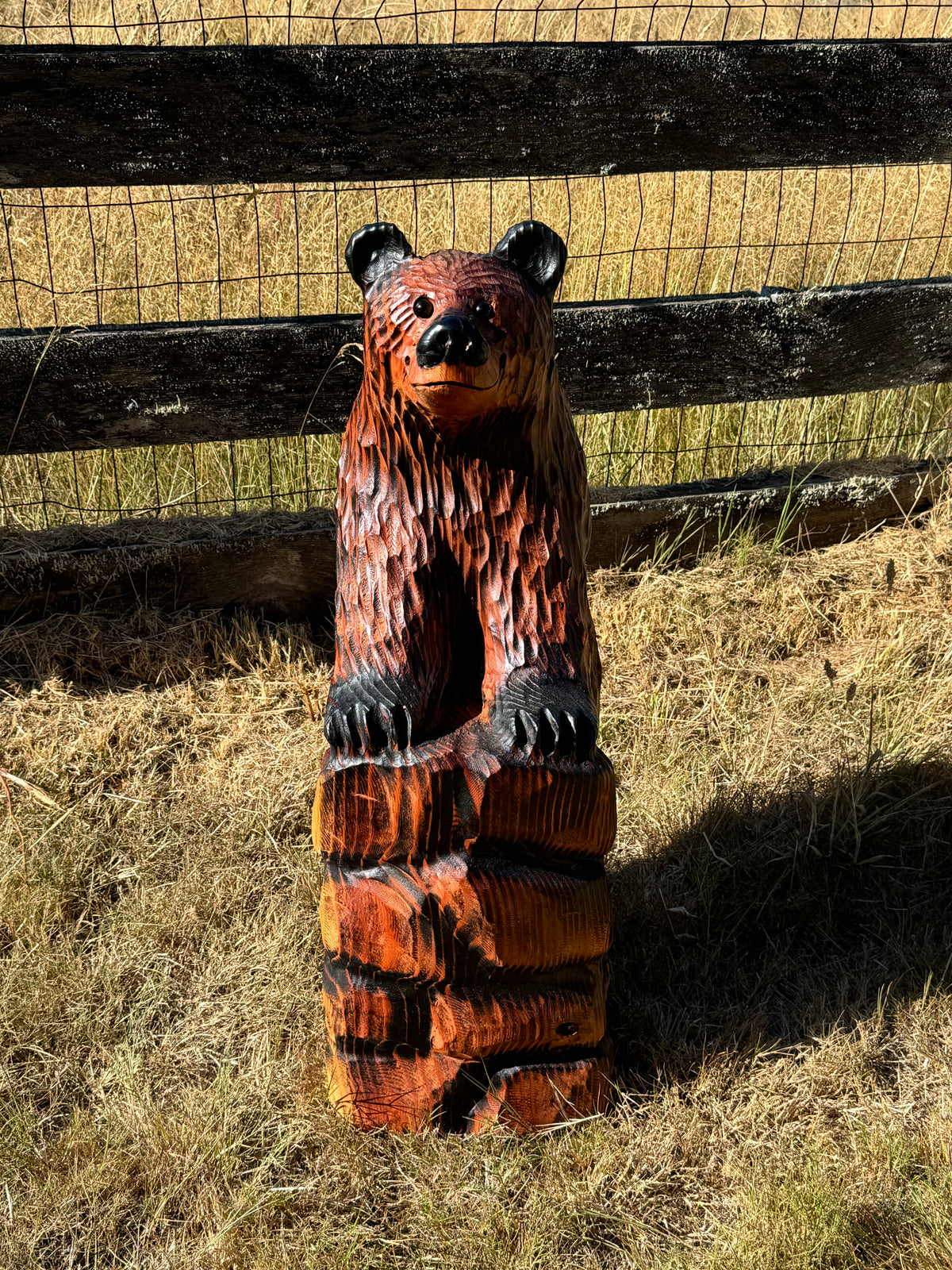 32-Inch Bear Carving on Rock Base – Hand-Carved Wood Sculpture