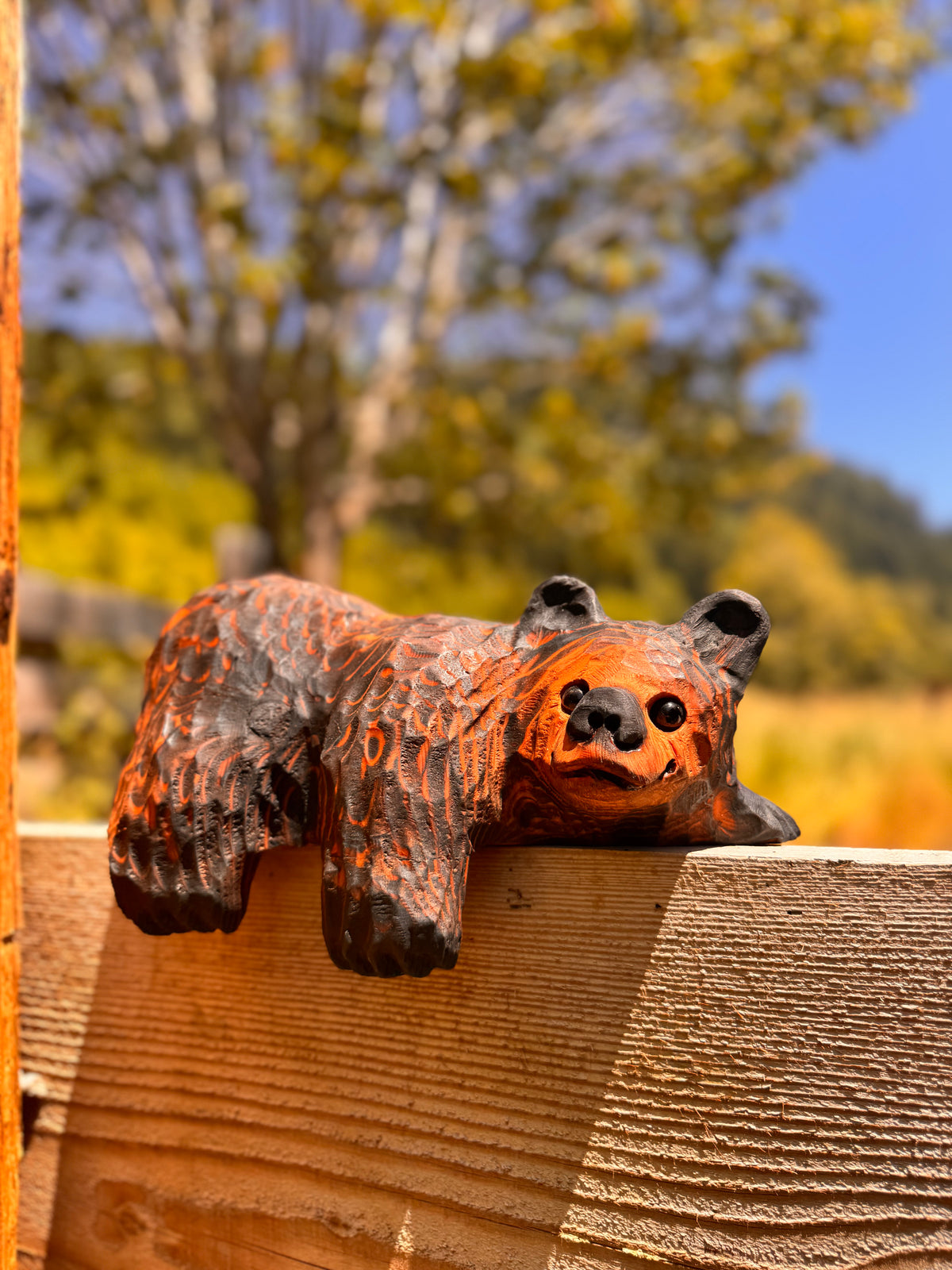 14” Wood-Carved Bear for Railing, Shelf, Mantel