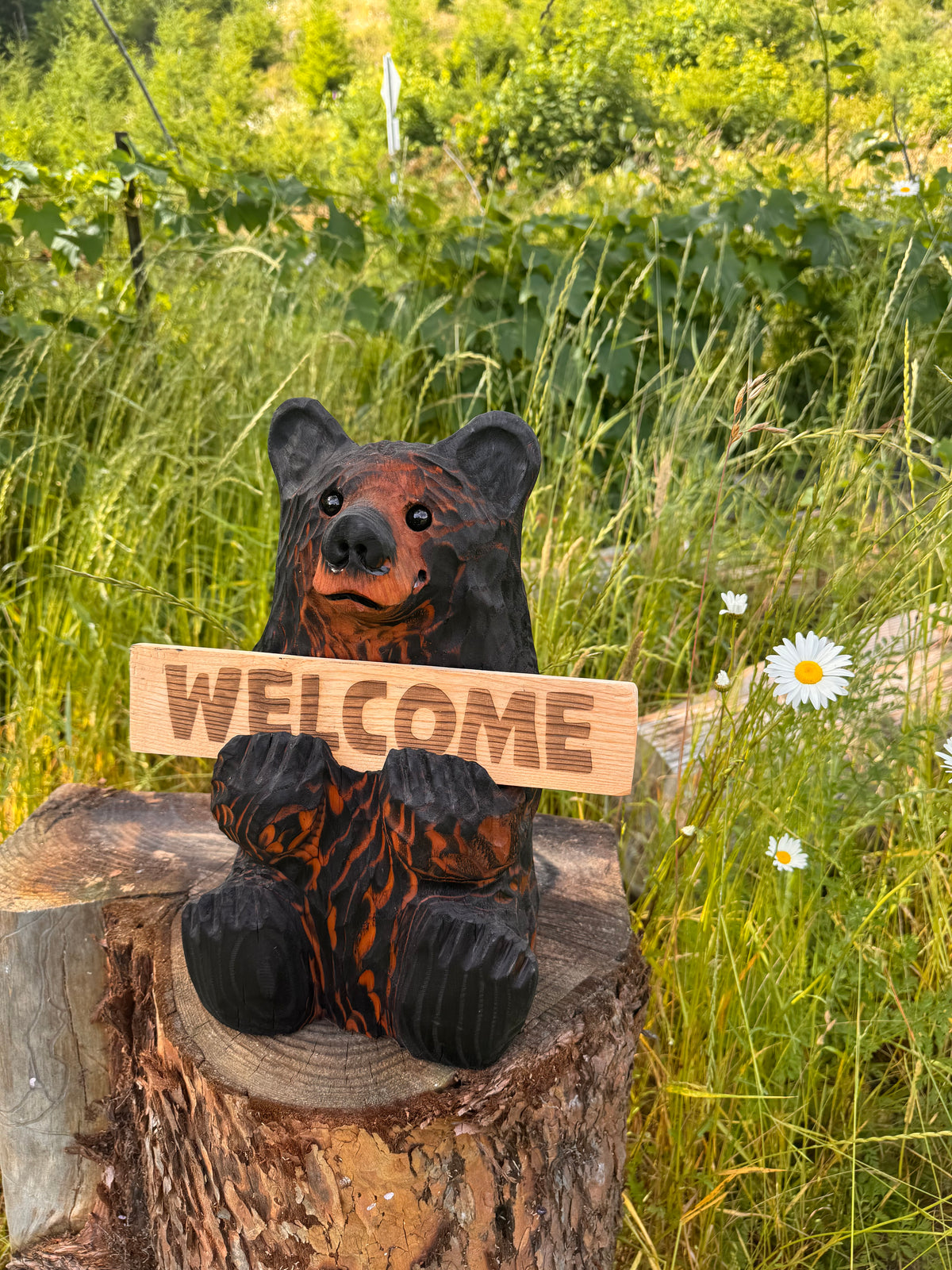 Wood Carved Bear Holding Sign 15" - Customizable - Brown