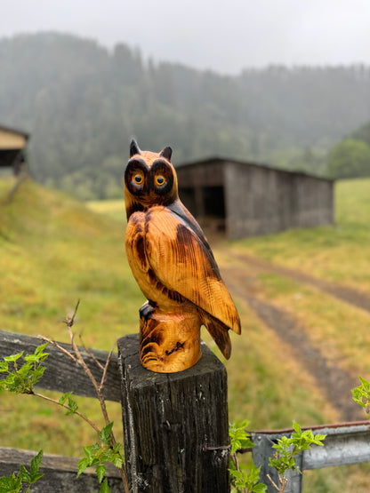 Handcrafted Wood Carving of Owl Perched on Stump - 15 Inches, with Piercing Eyes