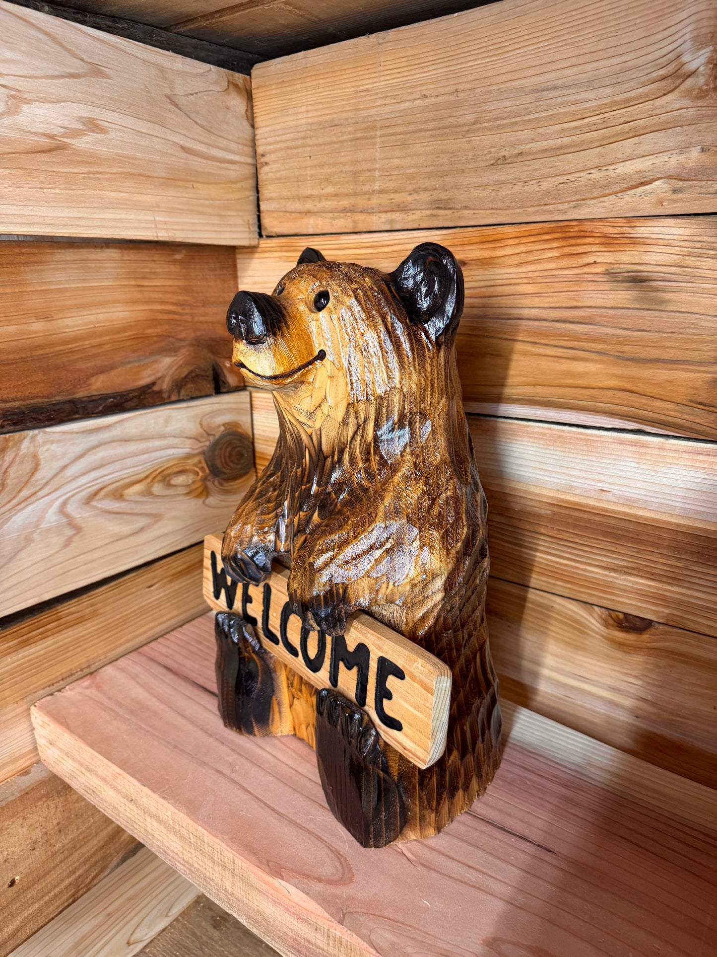 Wood Carved Bear Holding Welcome/Go Away Sign - Customizable, 15 Inches Tall - Brown