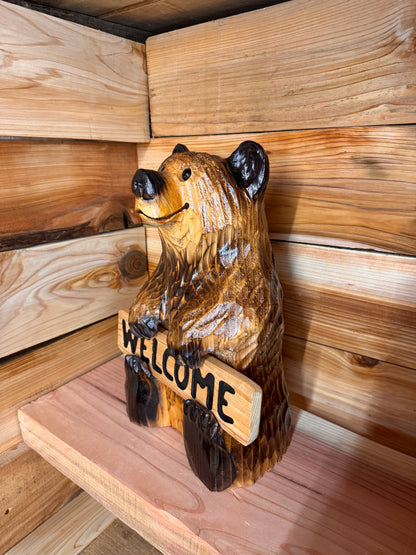 Wood Carved Bear Holding Welcome/Go Away Sign - Customizable, 15 Inches Tall - Brown