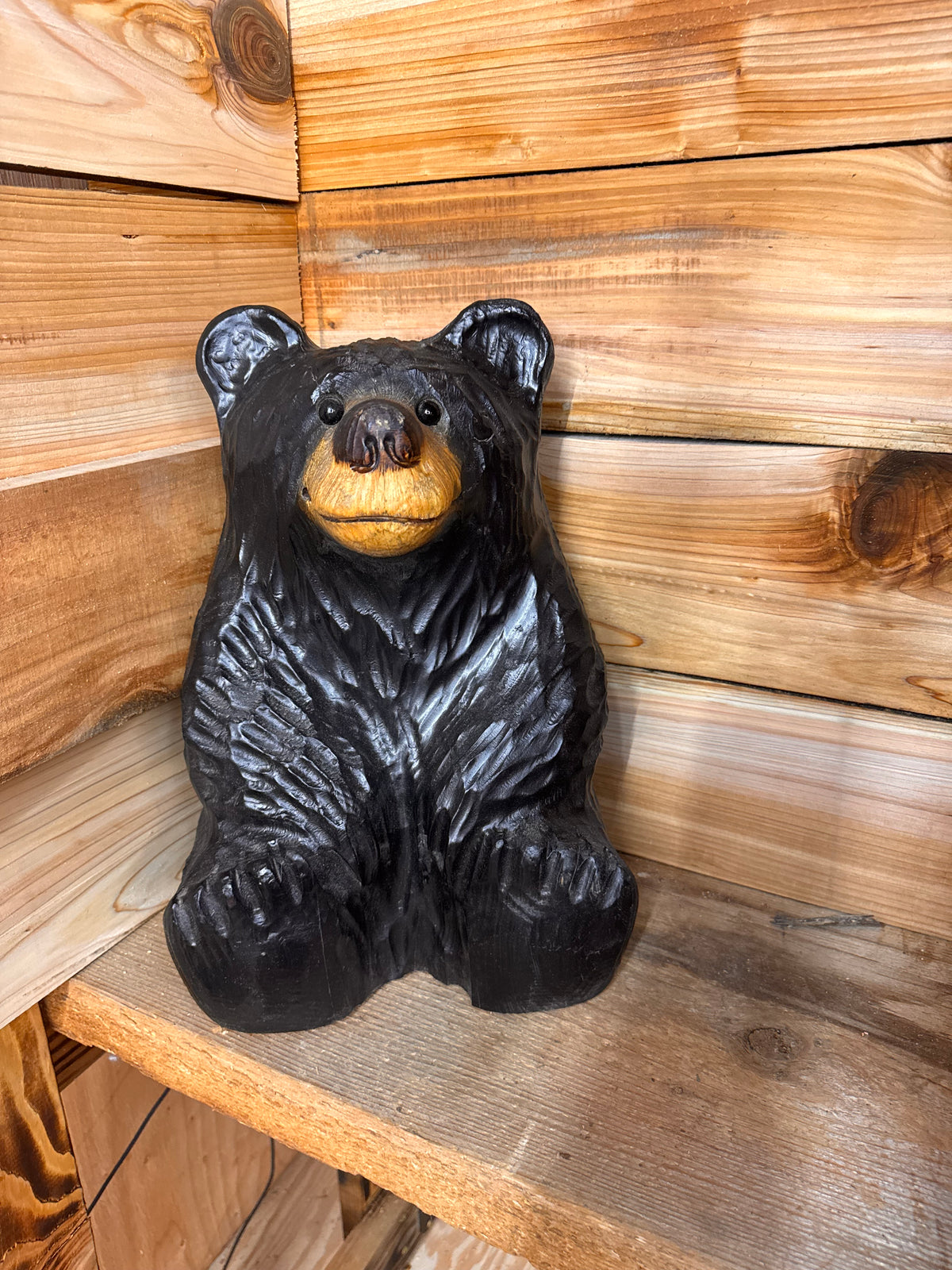 Handcrafted Wood Carved Sitting Bear - 15 Inches Tall, Looking Straight Ahead - Black