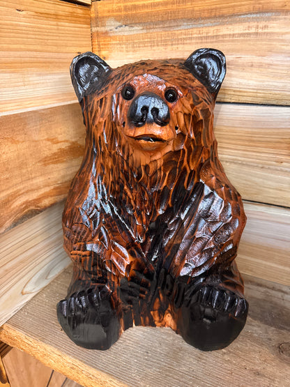 Handcrafted Wood Carved Sitting Bear - 15 Inches Tall, Looking Straight Ahead - Brown