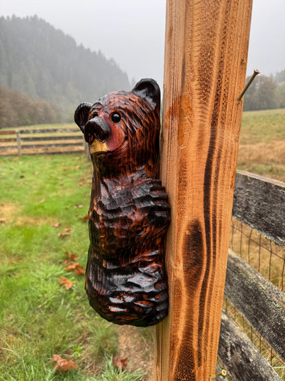 Wood Carved Climbing Bear for Posts, Poles, Trees, and More - 15 Inches, Easy to Mount and Display - Brown