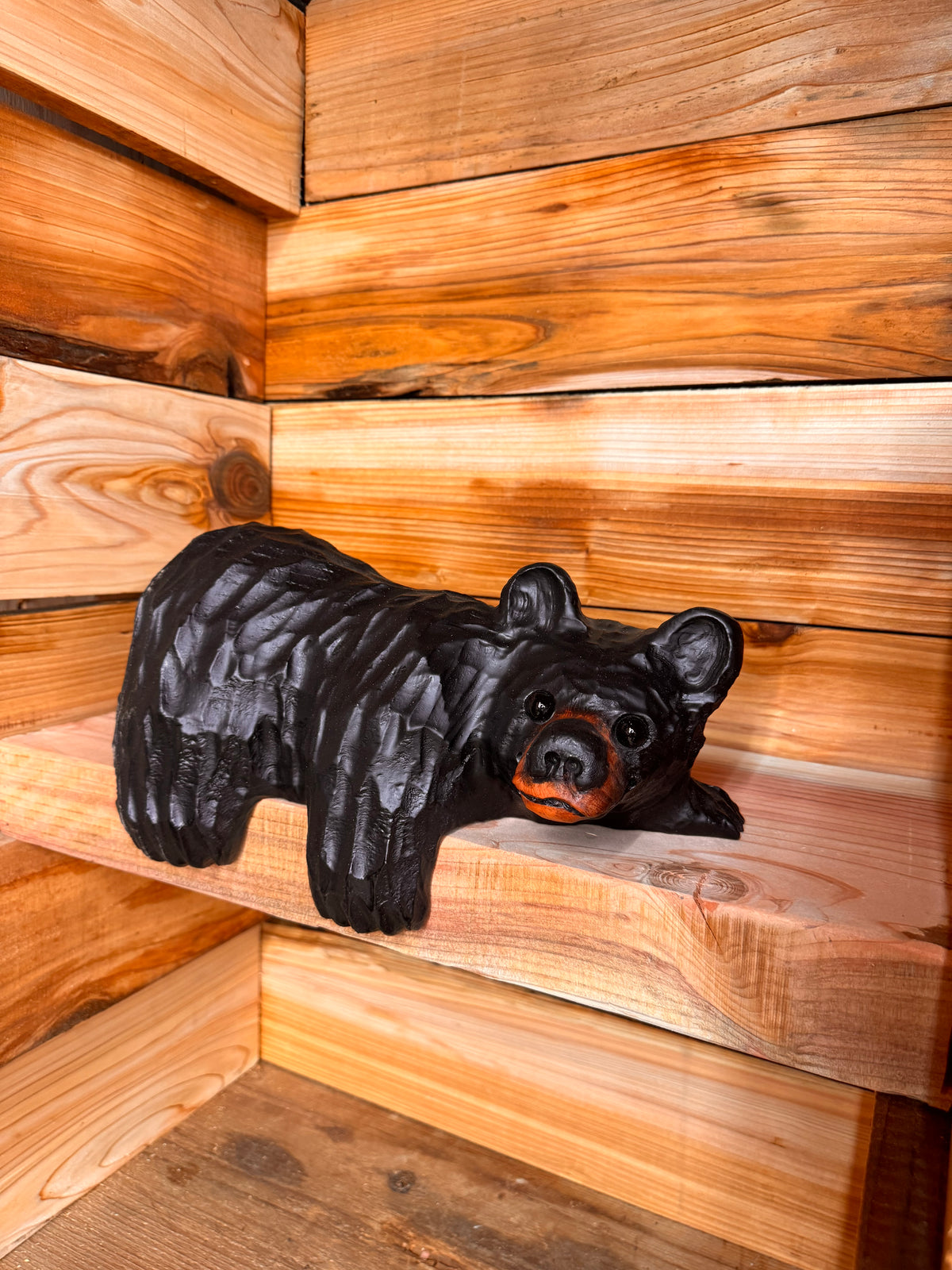 14” Wood-Carved Bear for Railing, Shelf, Mantel