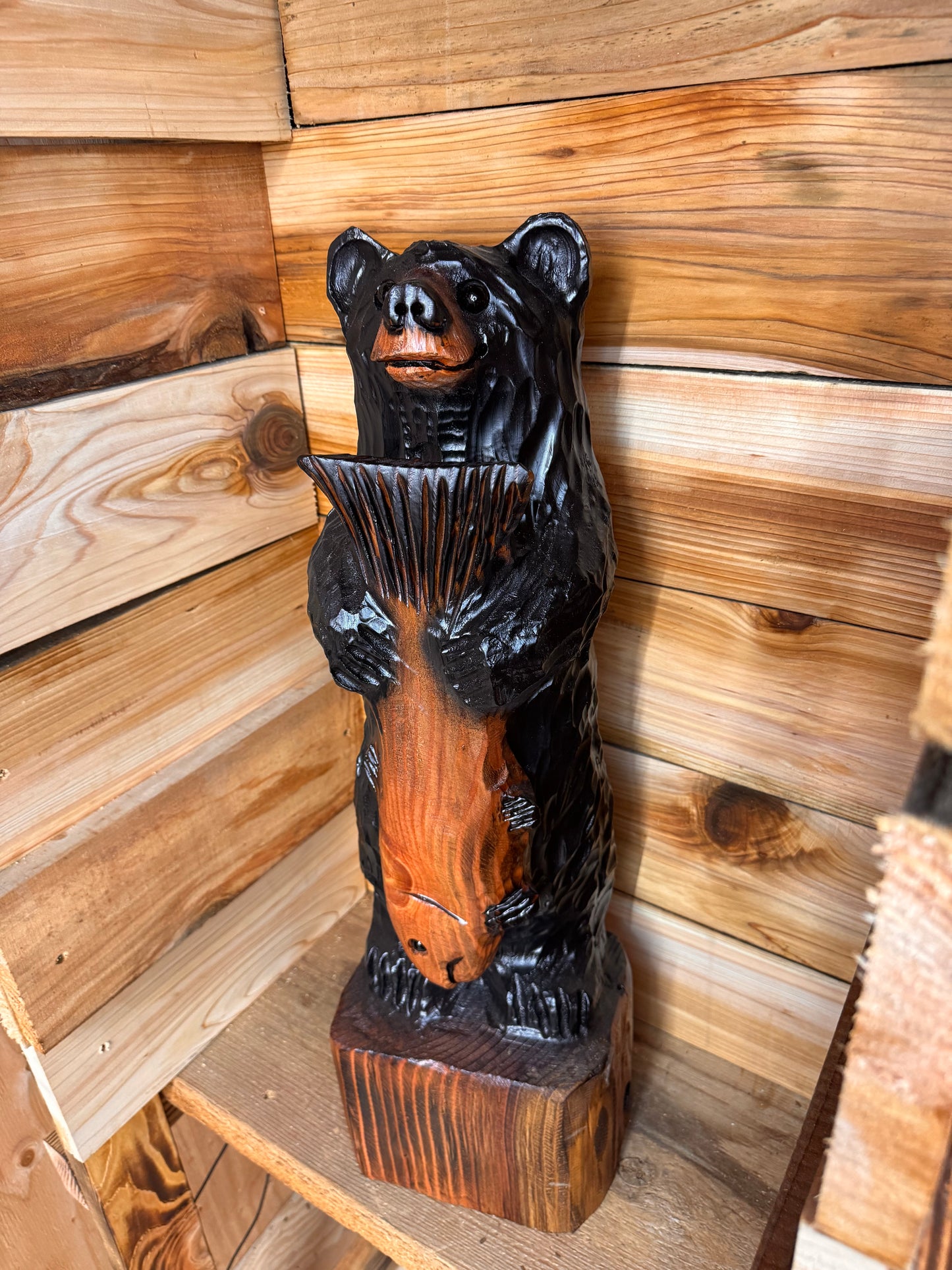 Handcrafted Wooden Bear with Fish 28" - Black