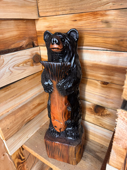Handcrafted Wooden Bear with Fish 28" - Black