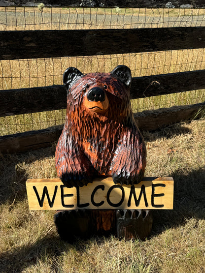 Handcrafted 30" Bear with Reversible Welcome Sign - Customizable