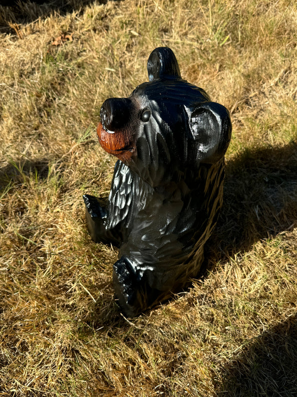 Hand-Carved Wood Bear Sitting and Looking Up - Unique Rustic Decor, 15 inches Tall - Black