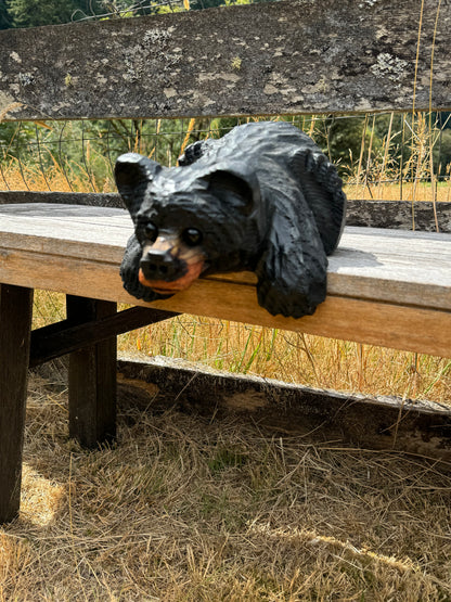 Hand-Carved Wood Bear Laying on Ledge - 10 Inches, Perfect for Mantels and Shelves - Black