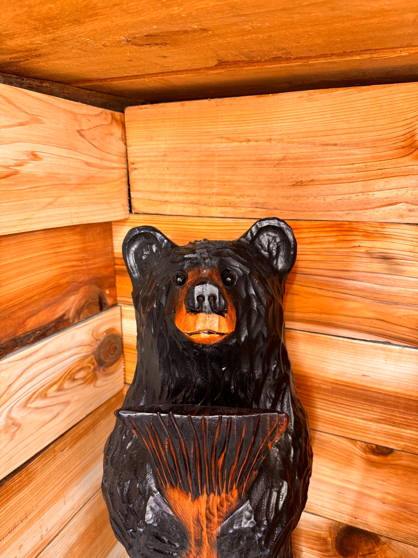 Wood Carved Bear with Fish 30" - Black