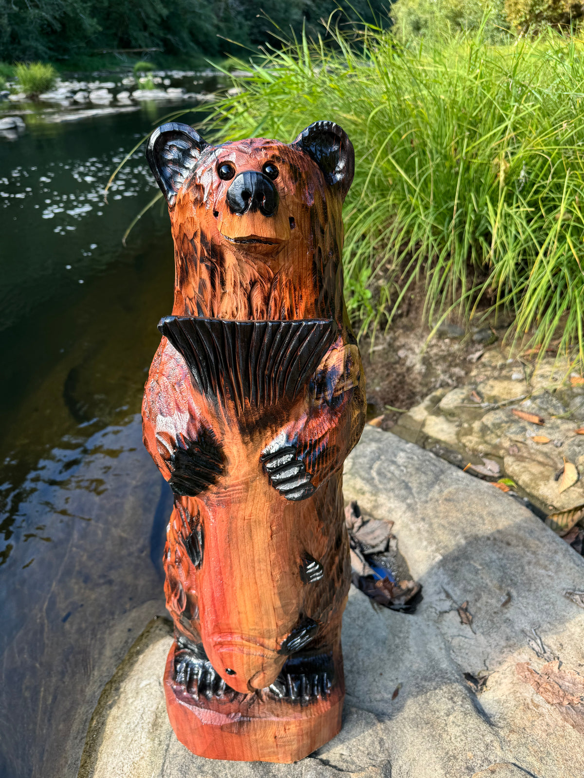 Wood Carved Bear with Fish 30" - Brown