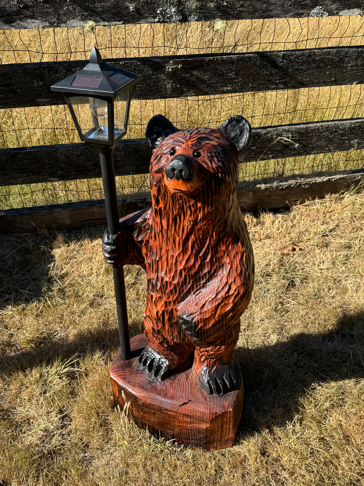 Chainsaw Carved Redwood Bear with Solar Lantern – 40”