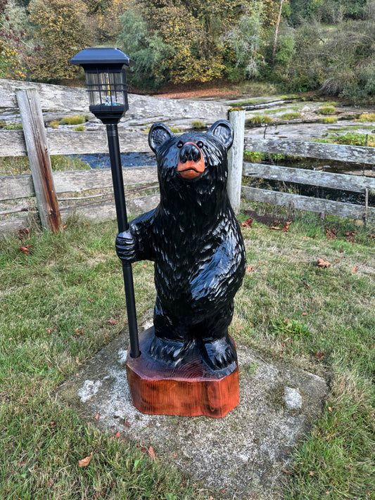 40" Wood Carved Bear with Lantern - Black