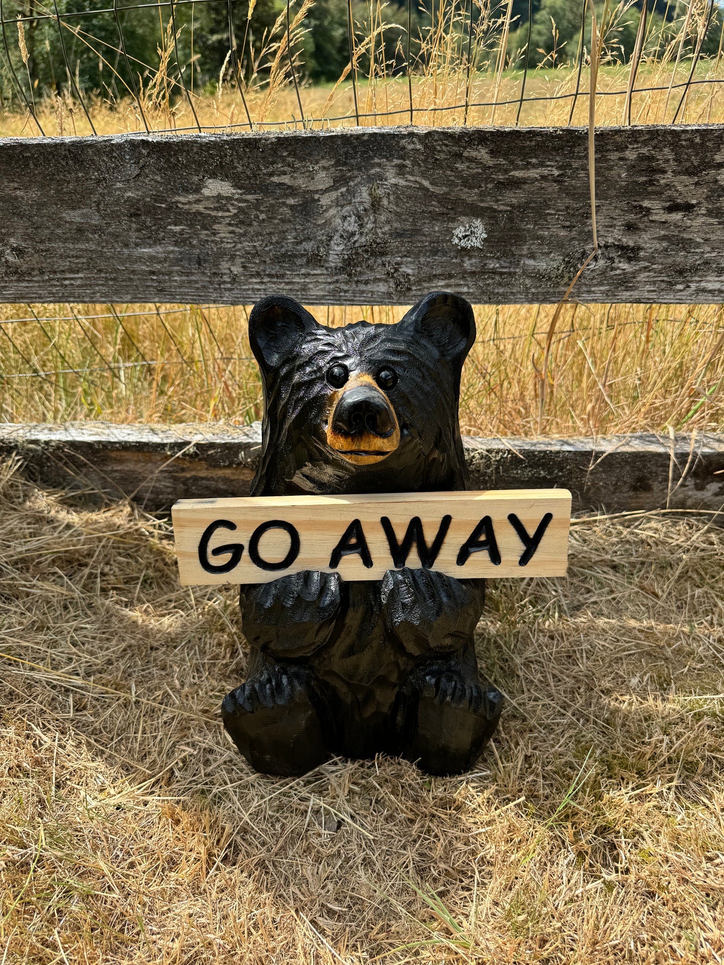 Wood Carved Bear Holding Sign 15" - Customizable - Black