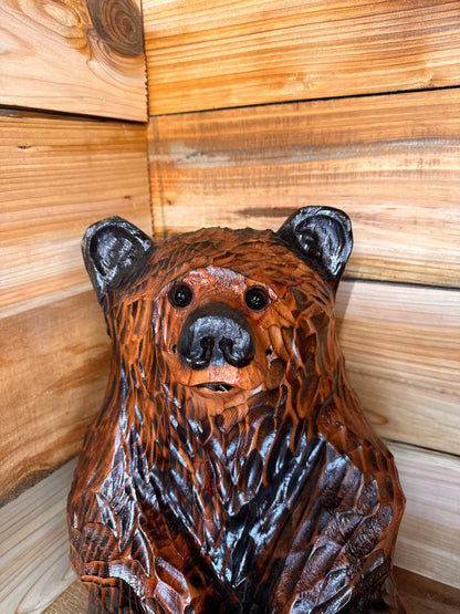 Handcrafted Wood Carved Sitting Bear - 15 Inches Tall, Looking Straight Ahead - Brown
