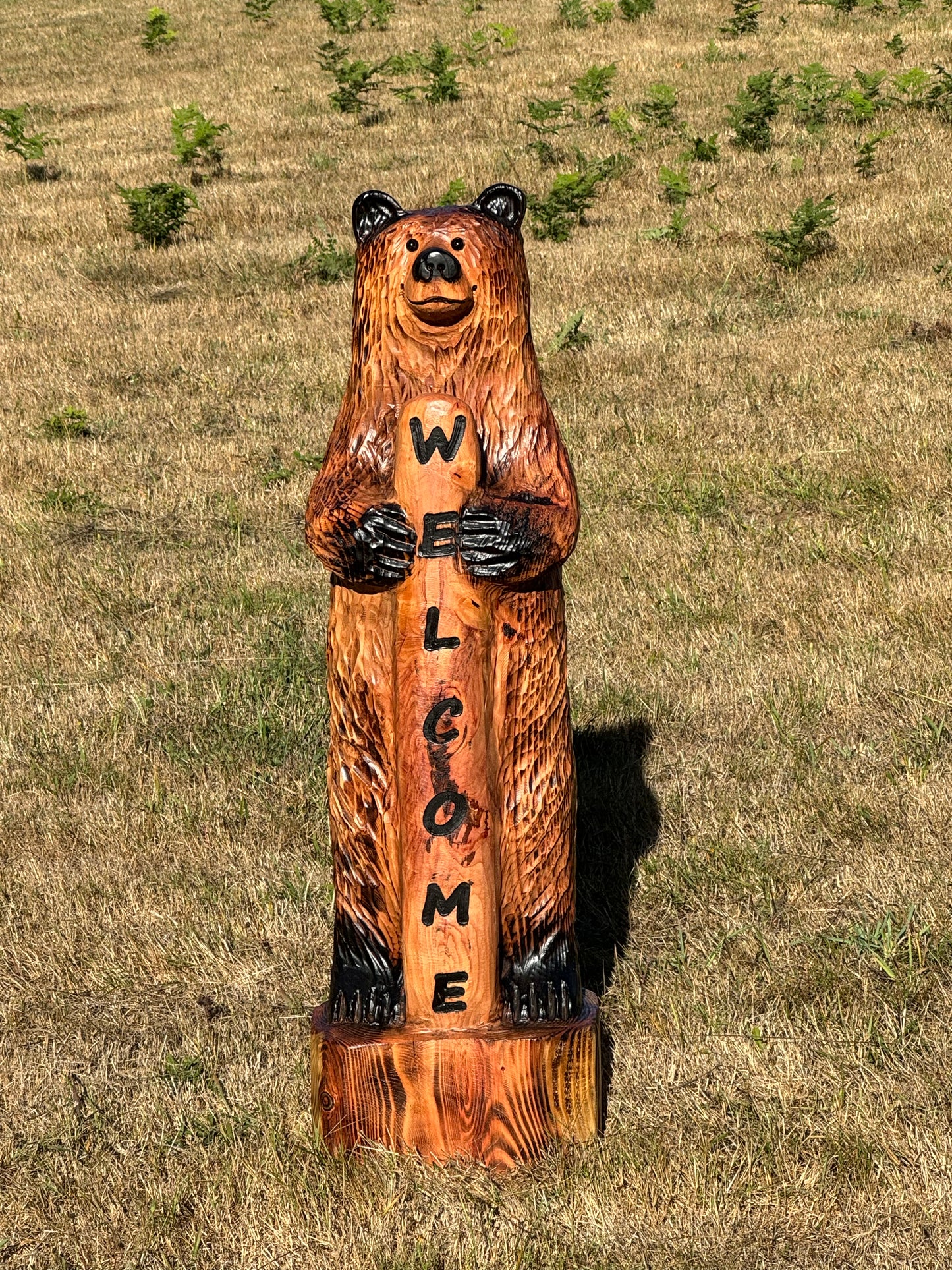 Hand-Carved Wood Bear with Welcome Sign - 48 Inches, Perfect for Entryways - Brown