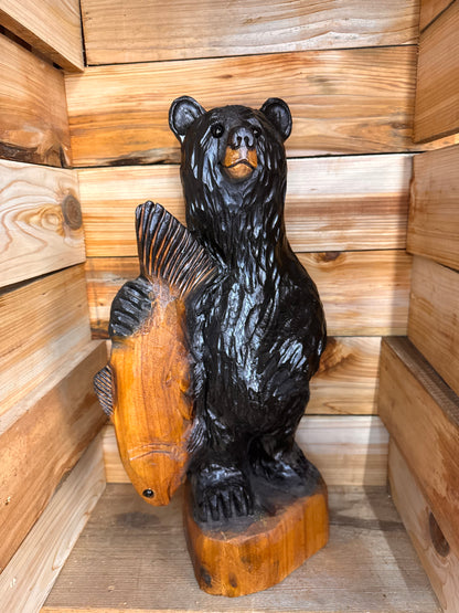 Wood Carved Bear with Fish - 24" - Black