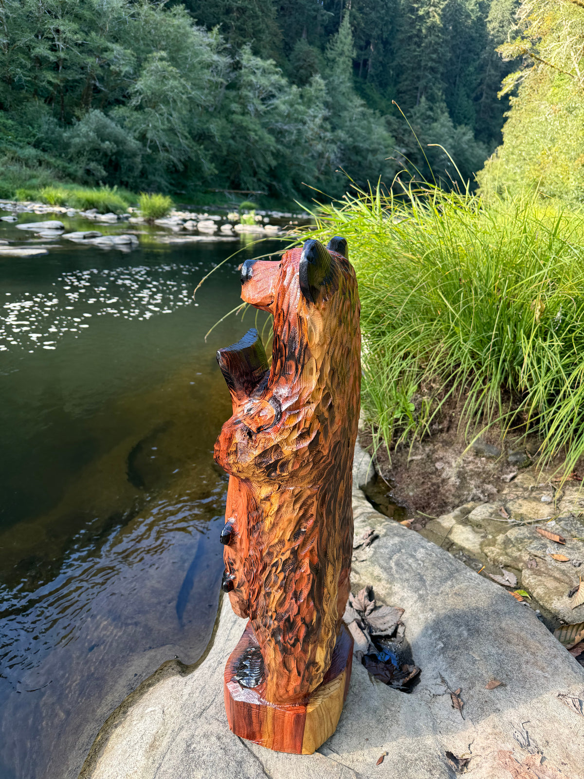 Wood Carved Bear with Fish 30" - Brown