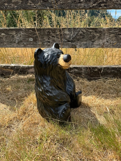 Handcrafted Wood Carved Sitting Bear - 15 Inches Tall, Looking Straight Ahead - Black