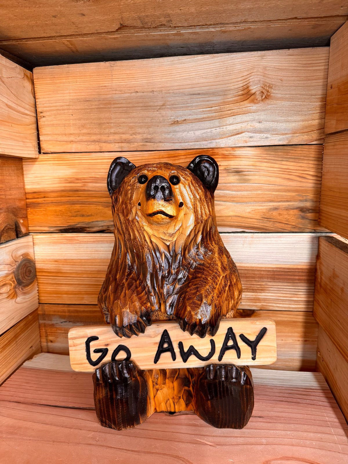 Wood Carved Bear Holding Welcome/Go Away Sign - Customizable, 15 Inches Tall - Brown