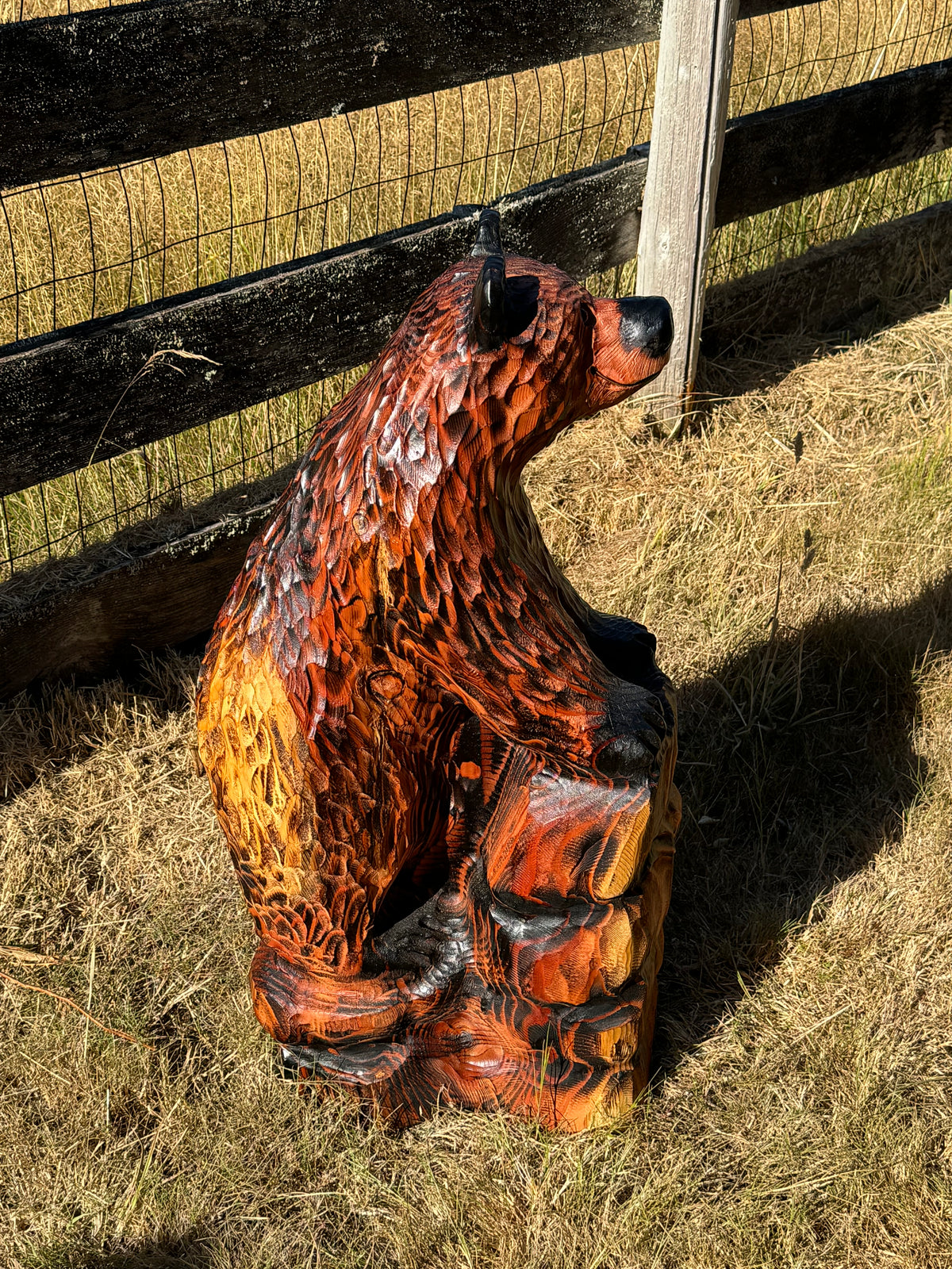 32-Inch Bear Carving on Rock Base – Hand-Carved Wood Sculpture