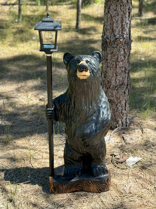 40" Wood Carved Bear with Lantern - Black