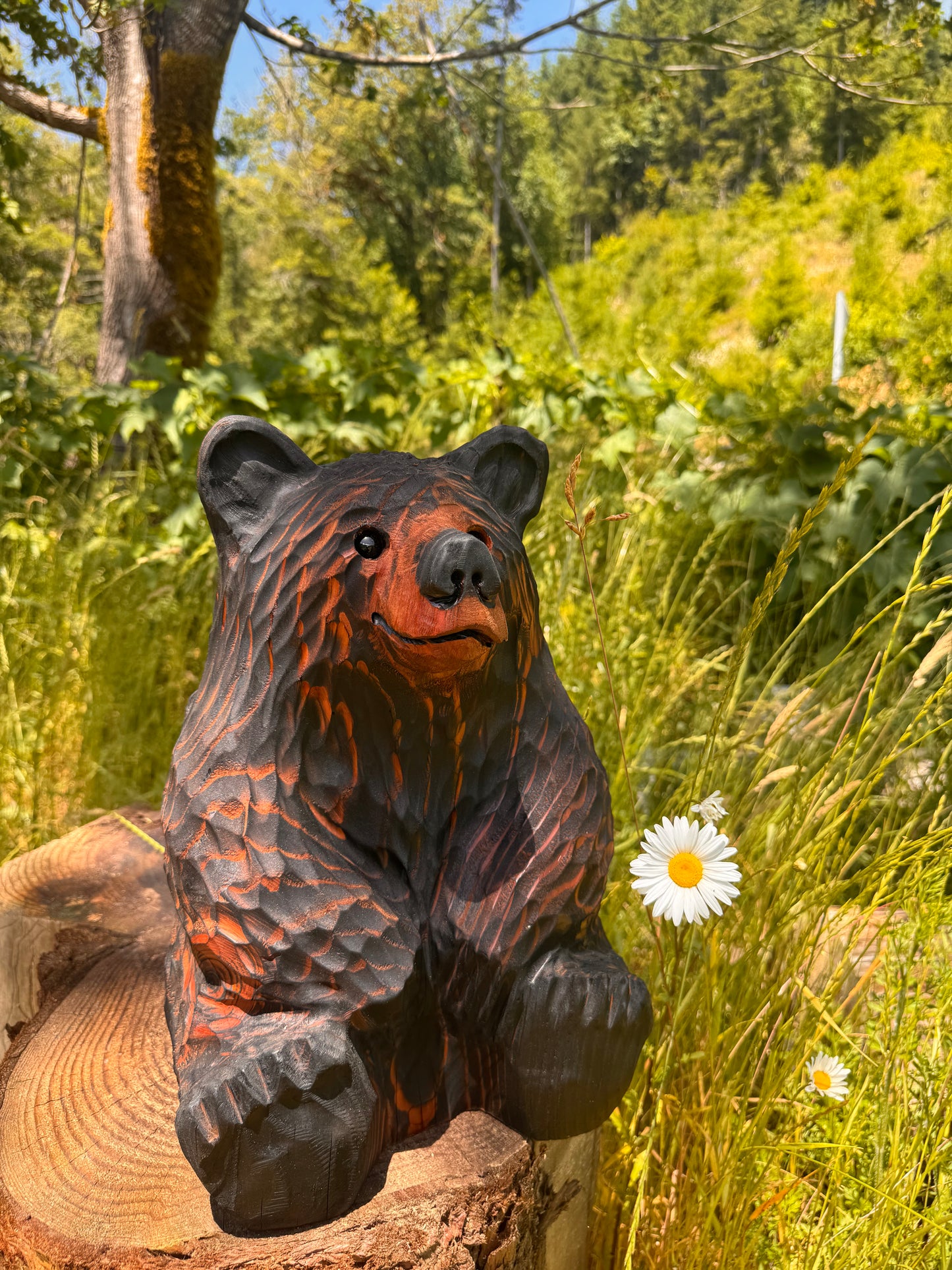 Handcrafted Wood Carved Sitting Bear - 15 Inches Tall, Looking Straight Ahead - Brown