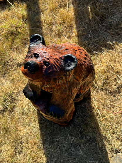 32" Chainsaw Carved Bear on Rock Base Sculpture