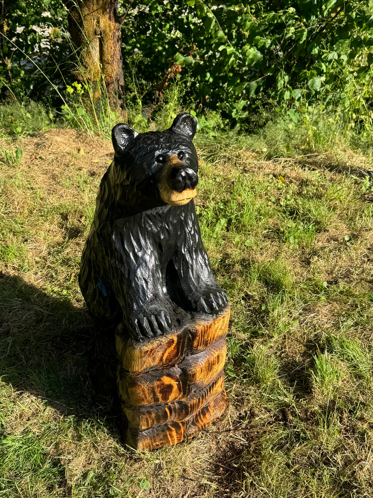 32” Chainsaw Carved Bear on Rock Base – Redwood Wood Sculpture