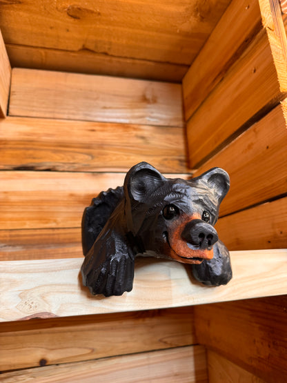 Chainsaw Carved Black Shelf Bear with Hanging Paws – 10”